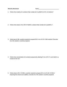 Molarity Worksheet Worksheet for 9th - 12th Grade | Lesson Planet