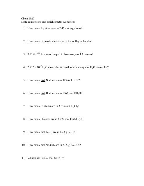 Chem 1020 Mole conversions and stoichiometry worksheet 1. How ...