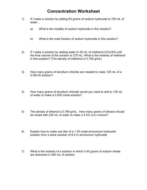 mole fraction worksheet