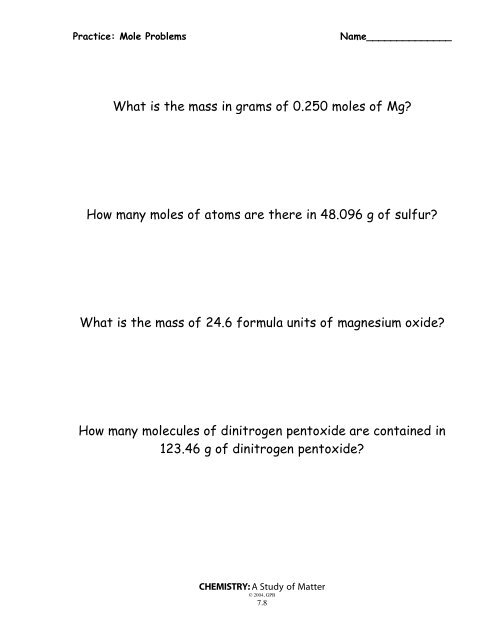 mole problems chemistry worksheet