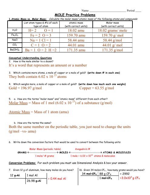 Mole Review Practice Problems