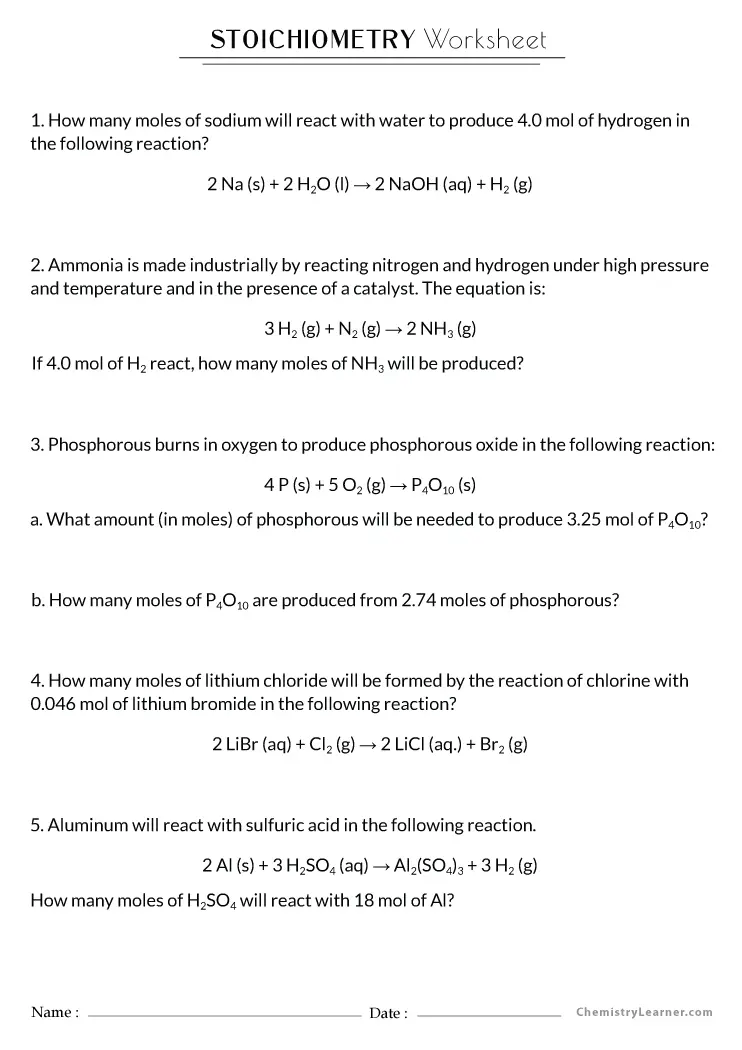 Free Printable Mole to Mole Stoichiometry Worksheets