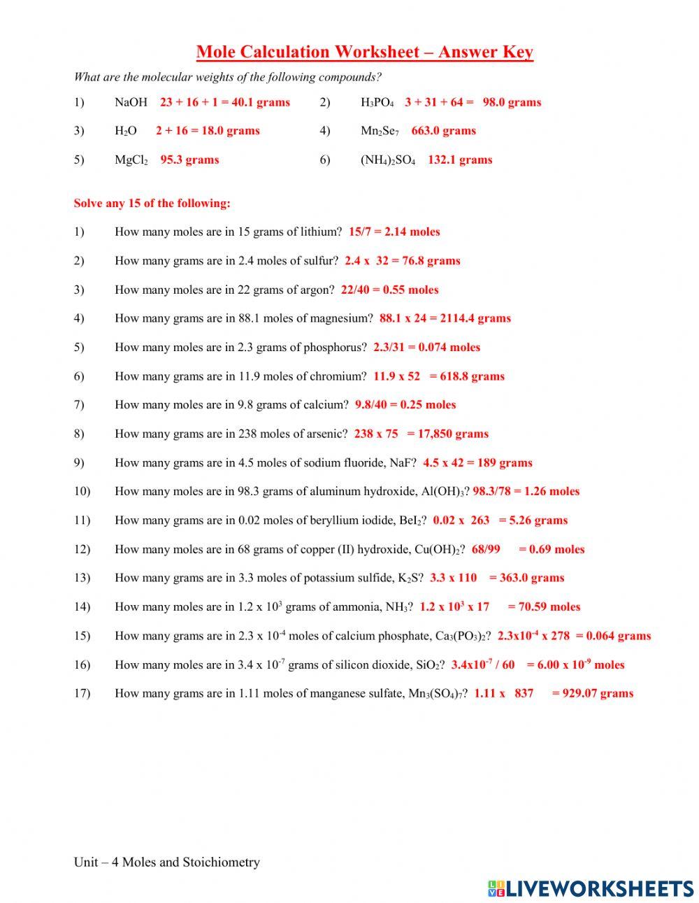 Mole Problems worksheet  