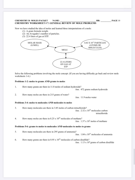 Solved PAGE 10 CHEMISTRY B- MOLES PACKET NAME: HR: CHEMISTRY ...