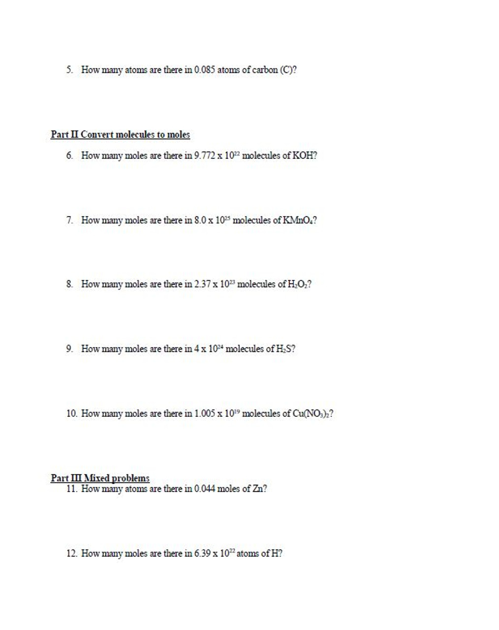 Moles to Compounds Conversion Worksheet with a Key