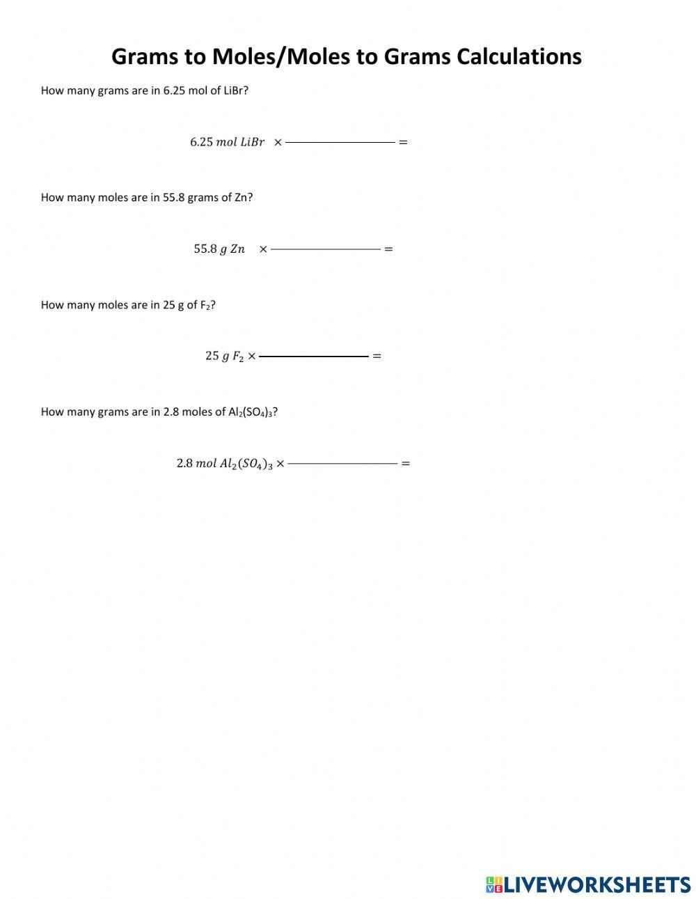 Moles to Grams-Grams to Moles worksheet  