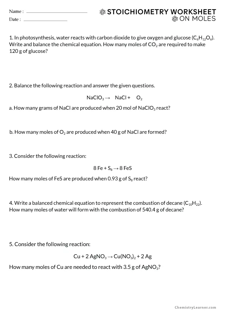 mole worksheet with answers