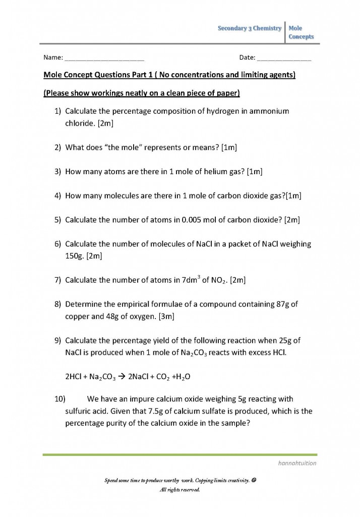 Secondary 3 Chemistry Worksheet (Mole Concept)