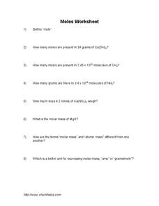 Moles Worksheet Worksheet for 9th - 12th Grade | Lesson Planet