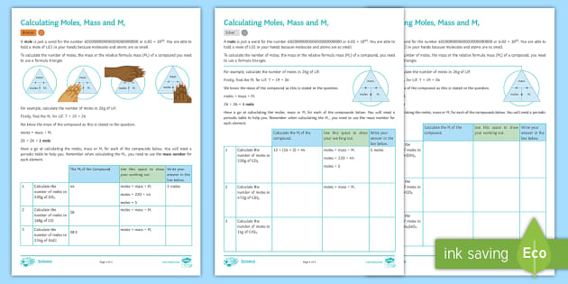 Calculating Moles, Mass and Mr Worksheet (teacher made)