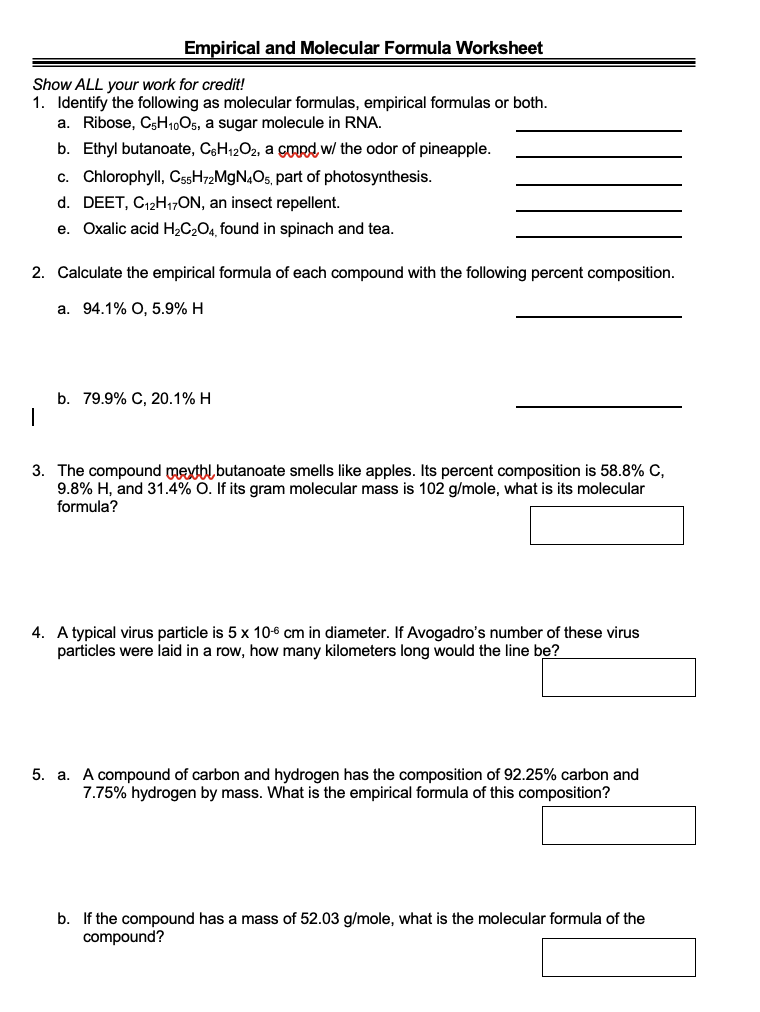 Solved Empirical and Molecular Formula Worksheet Show ALL | Chegg.com