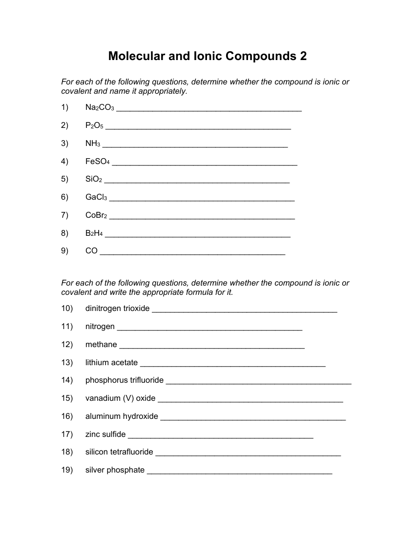 Molecular and Ionic Compounds - Worksheet with Answers 2 | Science ...