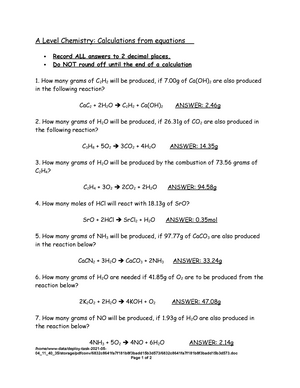Mole calculations - 02 - Answers - A Level Chemistry: Calculations ...