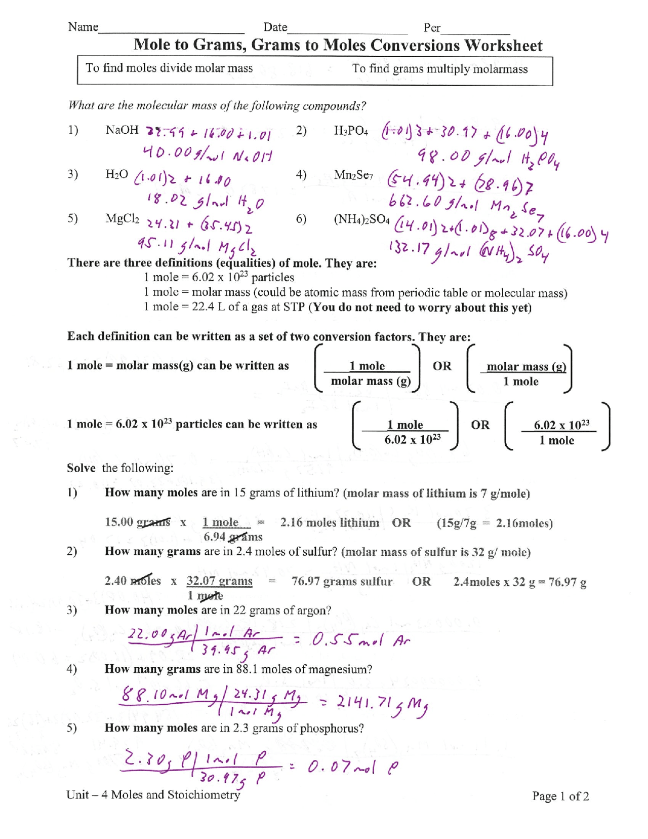 moles molecules and grams worksheet