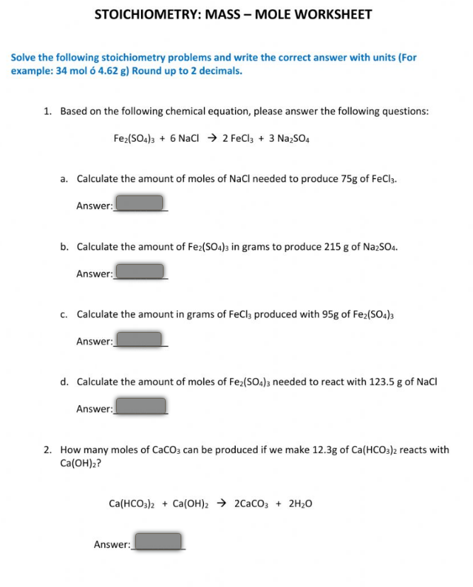 moles to mass worksheet