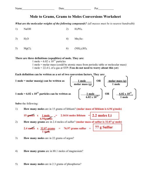 moles to mass worksheet