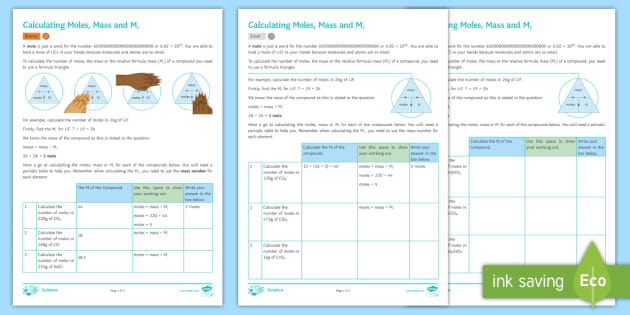Calculating Moles, Mass and Mr Worksheet (teacher made)