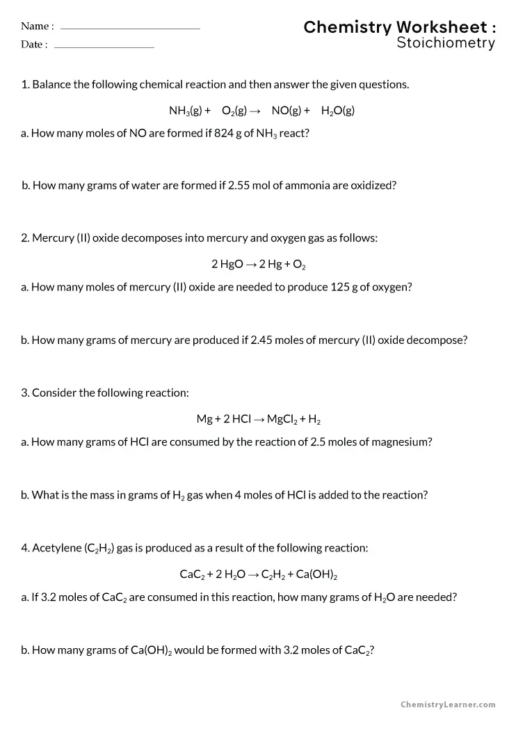 Free Printable Mass to Mole Stoichiometry Worksheets