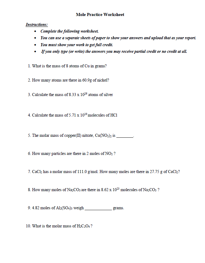 Solved Instructions: Mole Practice Worksheet Complete the | Chegg.com