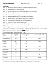 momentum worksheet