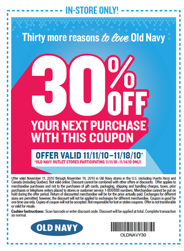 Old Navy Printable Coupon 30% off Entire Purchase + $6.30 ...