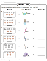 money addition and subtraction worksheet
