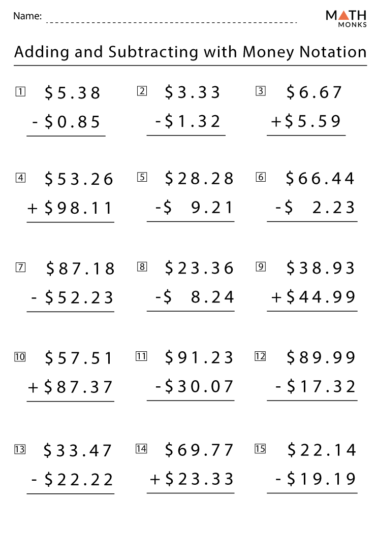 money addition and subtraction worksheet