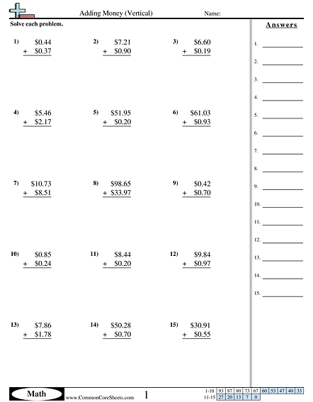 money addition worksheet