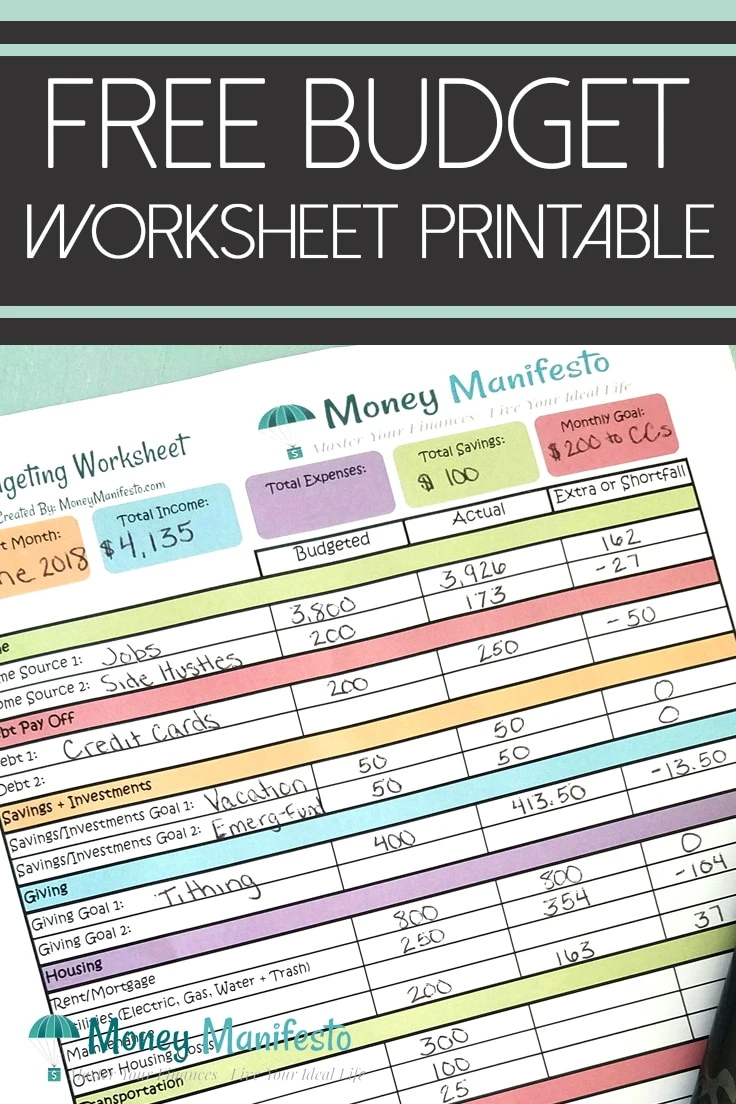 money budget worksheet