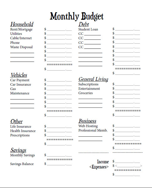 money budget worksheet