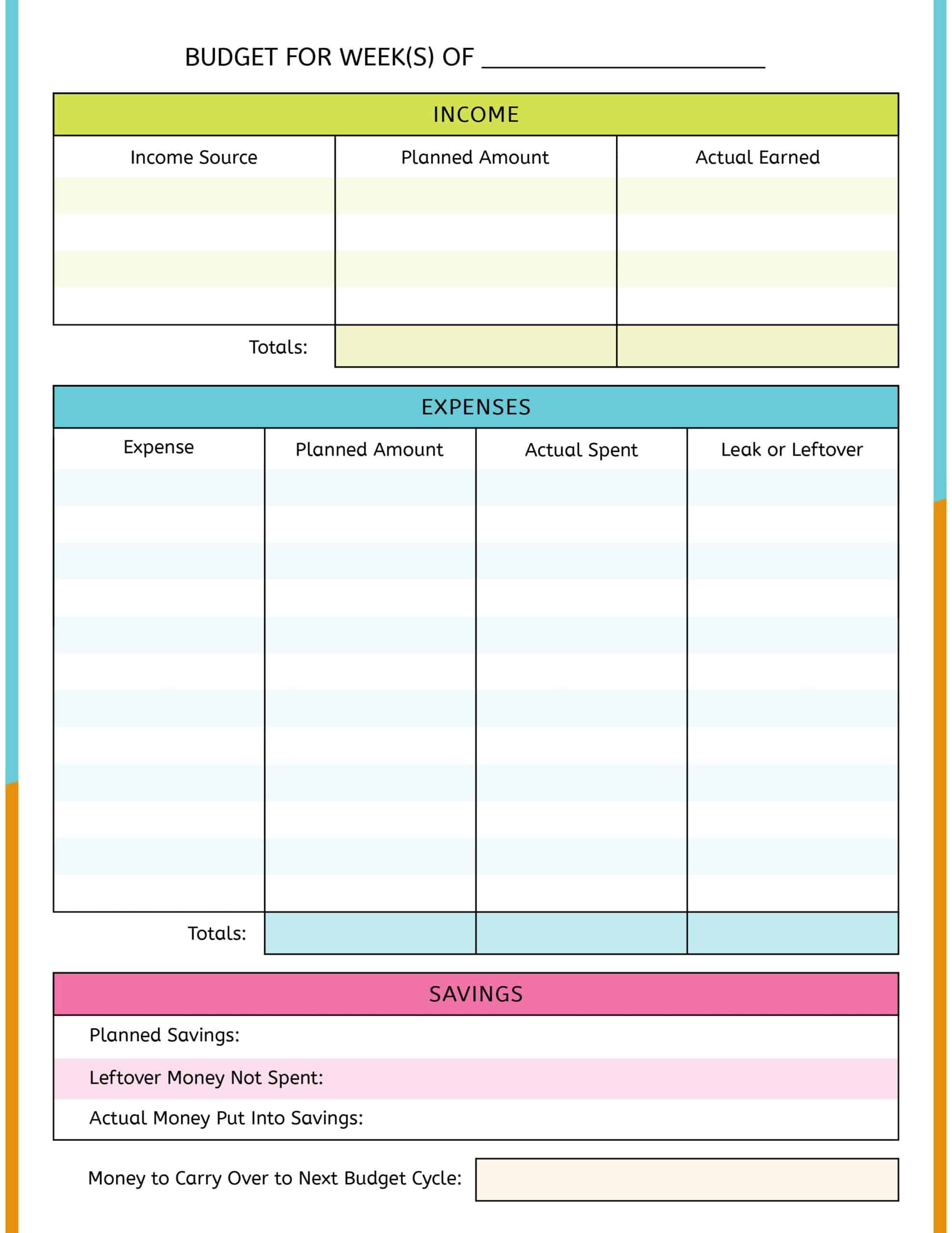 money budget worksheet