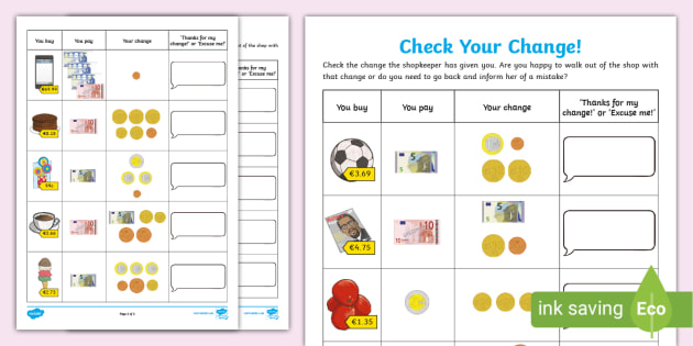 Check Your Change Euro Coin Worksheet | Euro Money - Twinkl