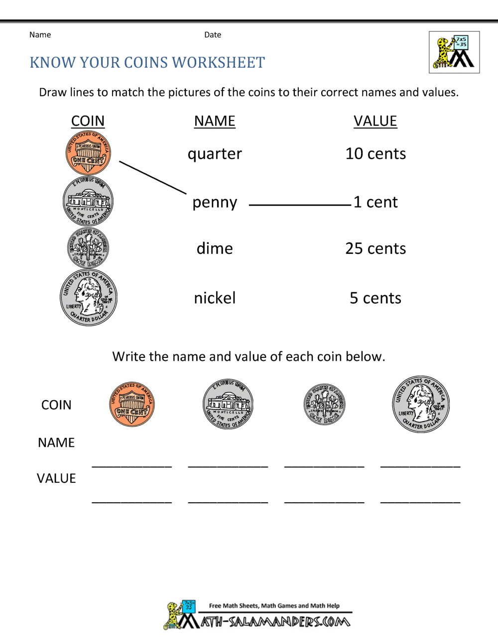 money math worksheet for 1st grade
