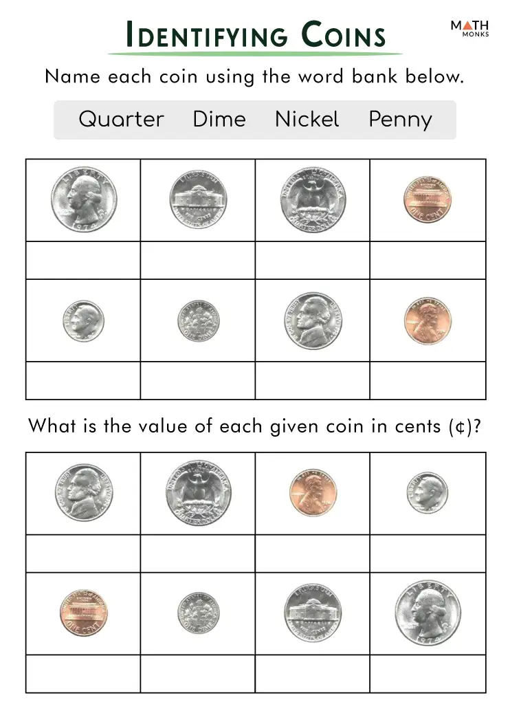 money math worksheet for 1st grade