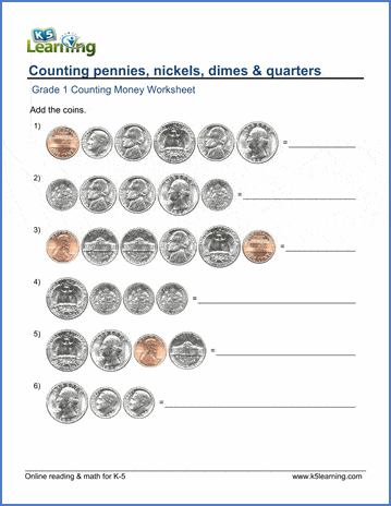 money math worksheet for 1st grade