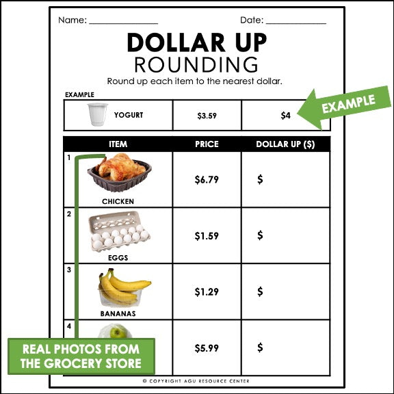 Dollar Up Worksheet | Grocery Items Under $10 | Money Math ...