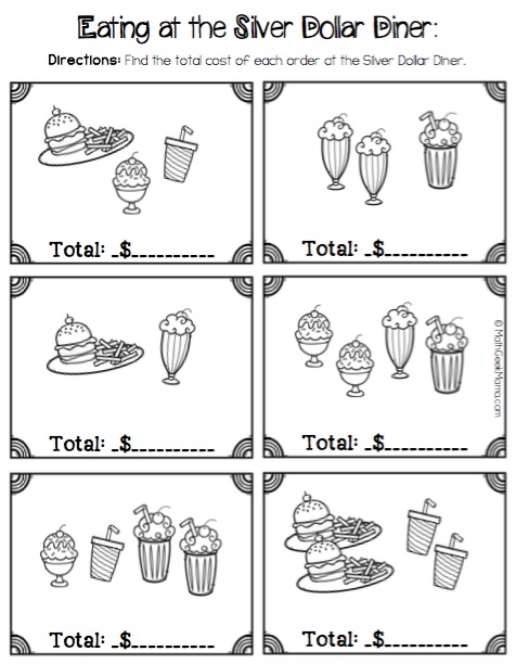 Money Math Practice Worksheets (Diner Theme)