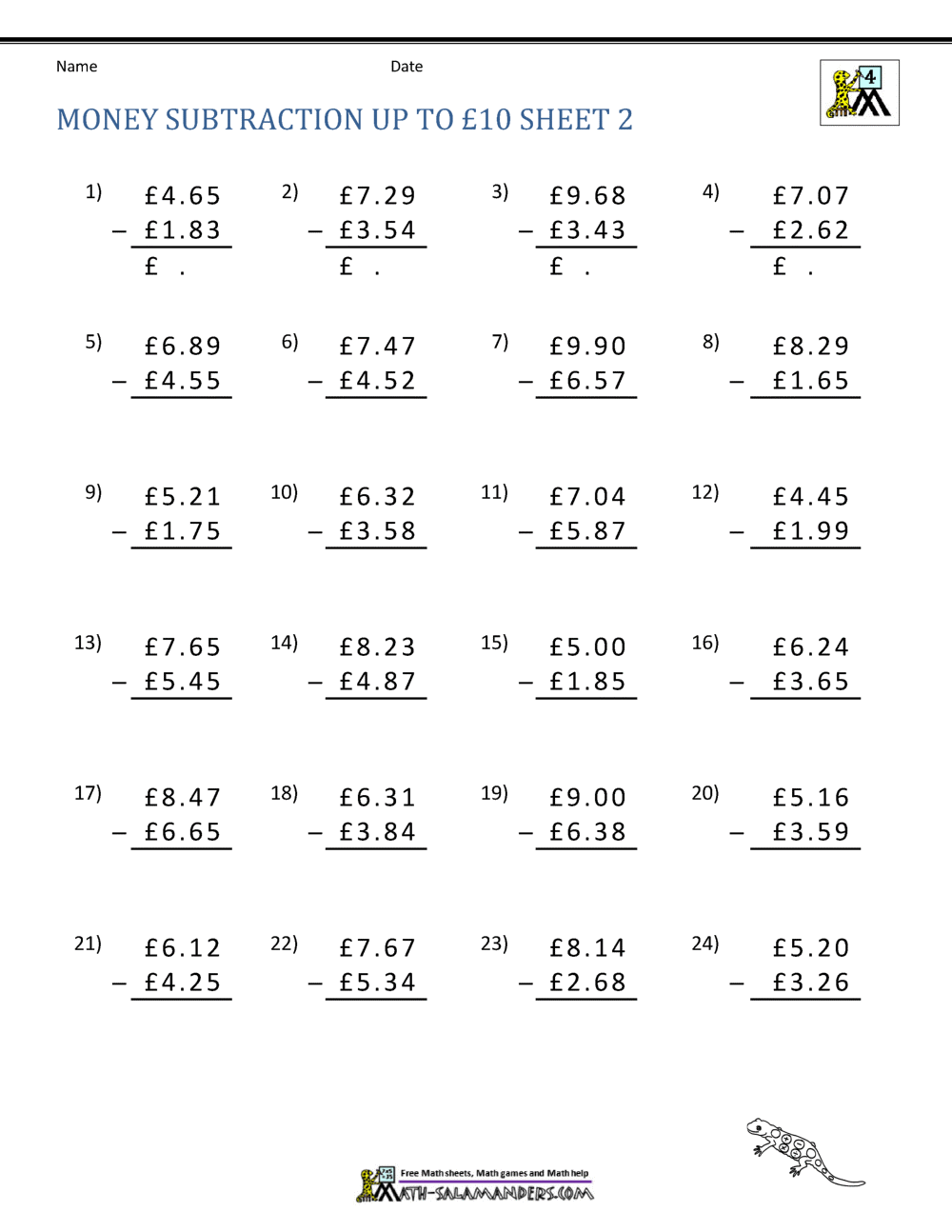 Money Subtraction Worksheets UK Money
