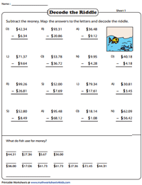 money subtraction worksheet