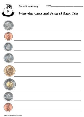 money value worksheet and name