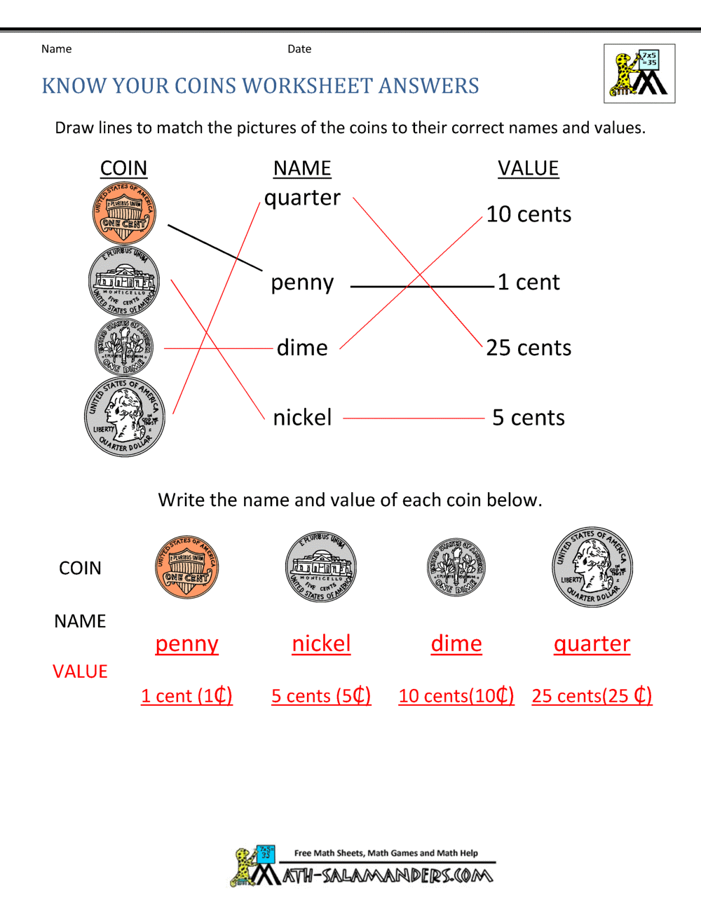 money value worksheet and name