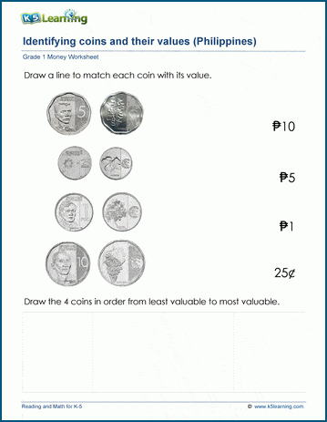 money value worksheet and name