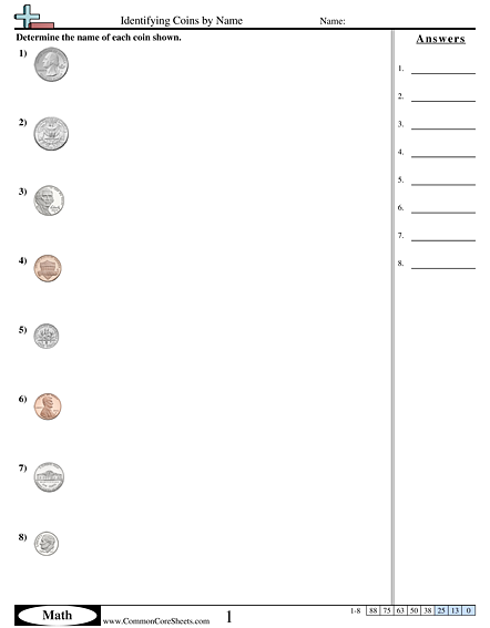 money value worksheet and name