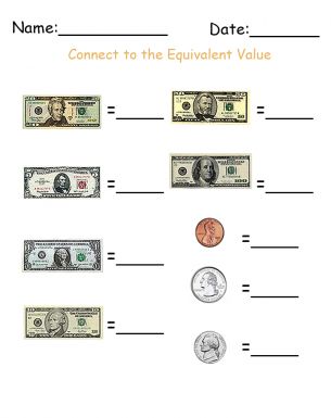 money value worksheet and name
