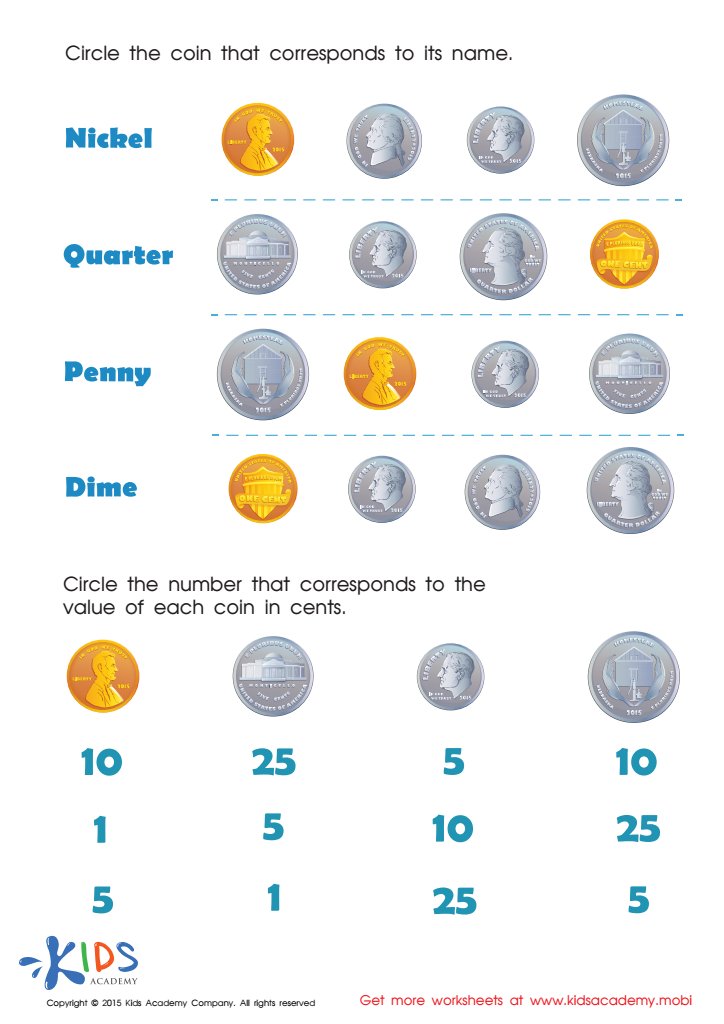 money value worksheet and name