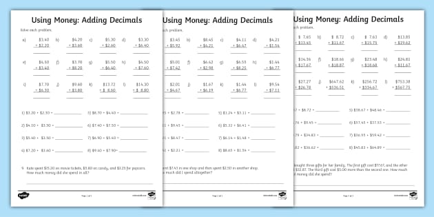 money with decimals worksheet