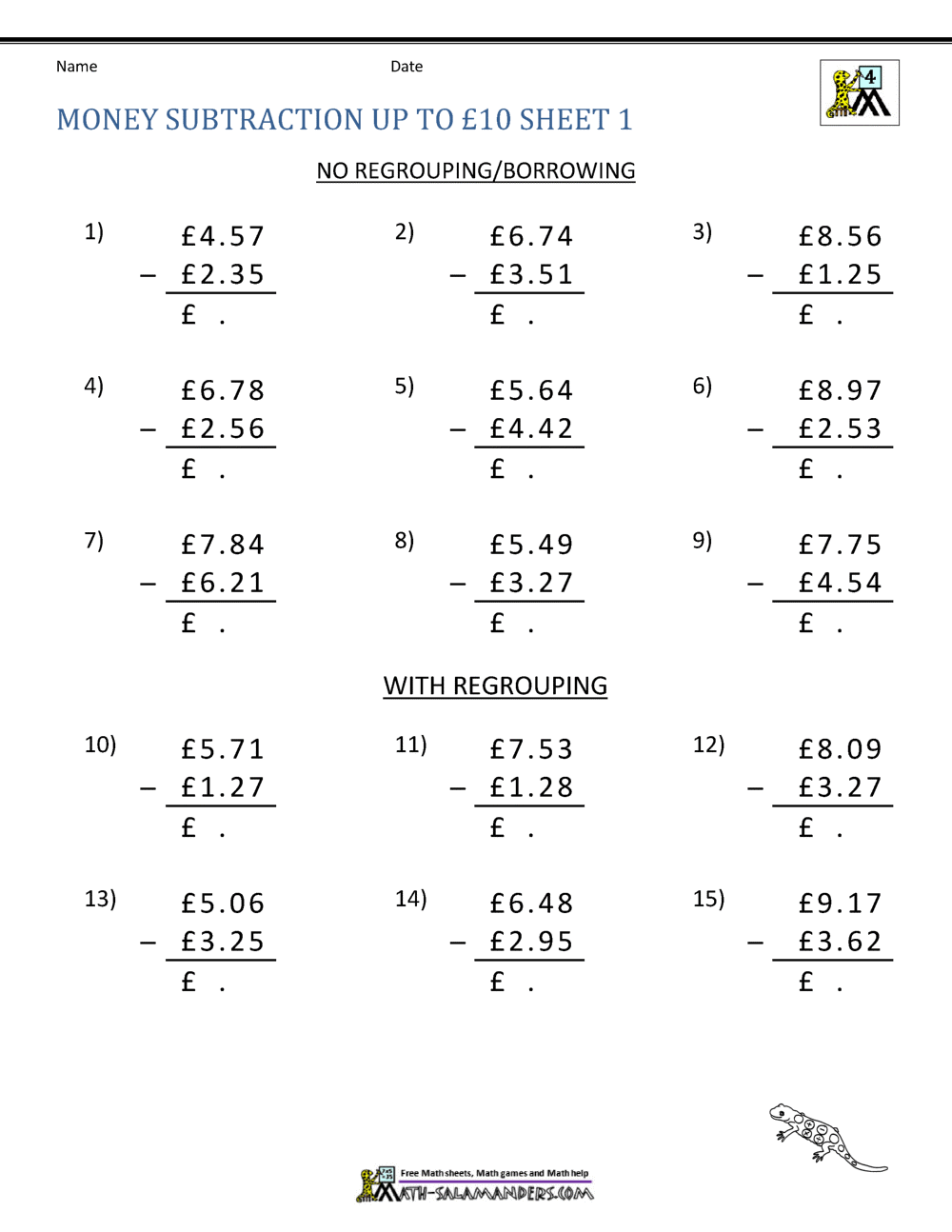money with decimals worksheet