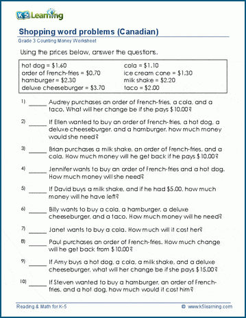 Grade 3 Money Worksheet: Shopping problems (Canadian currency ...