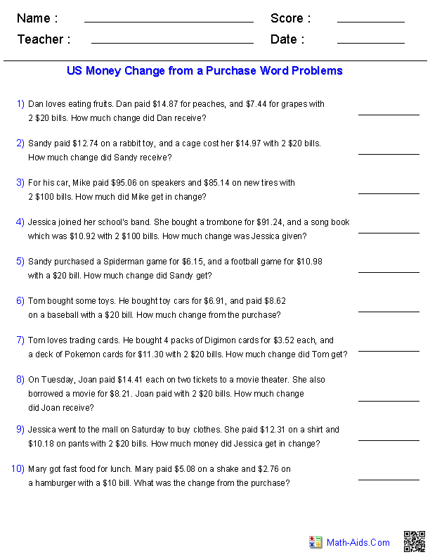 Word Problems Worksheets | Dynamically Created Word Problems