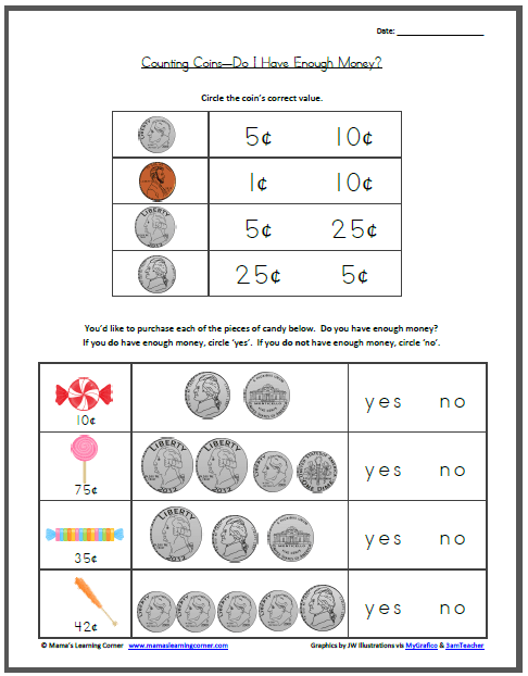 money worksheet for first grade